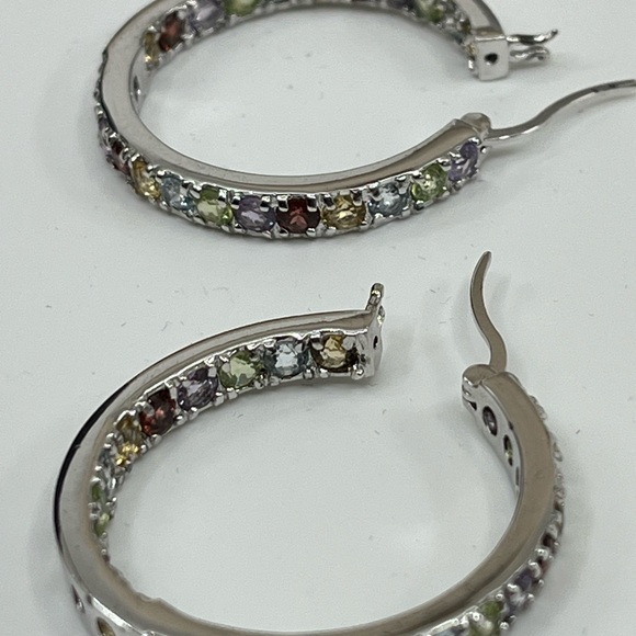 Vintage 925 Sterling Silver Multicolor Gemstone Hoop Earrings - Picture 12 of 16